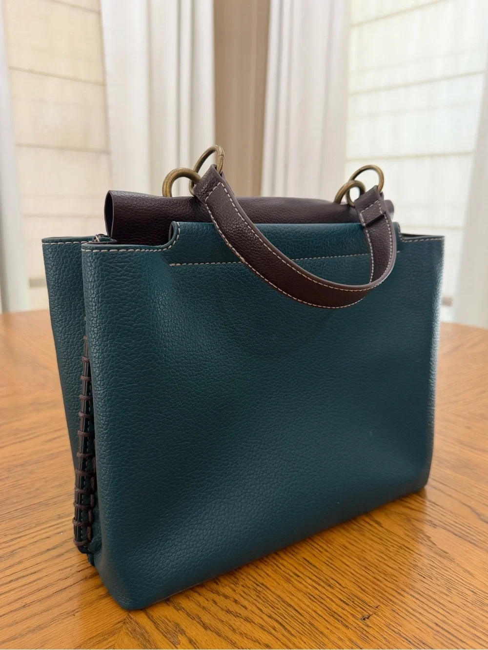 Chala Teal and Brown Leather Top-Handle Bag and Peacock Charm Purse